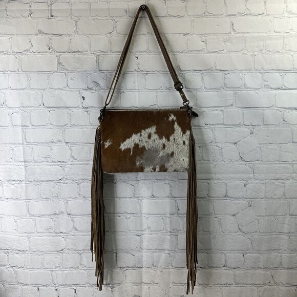 Myra Bag Leather ,Floral Canvas & Cowhide Whipstitch Fringe Crossbody W/ Wallet‎ - Picture 5 of 14